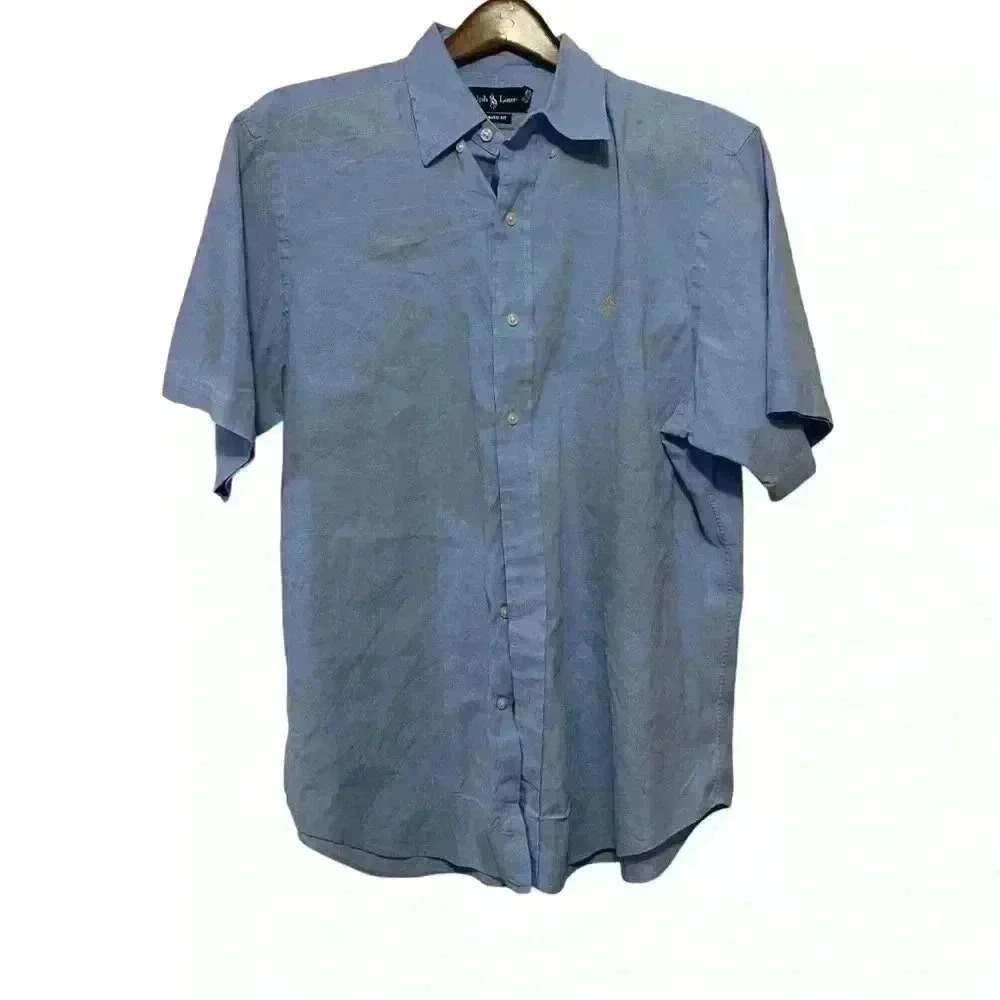 Polo Ralph Lauren Shirt Mens Large Blue Oxford Short Sleeve Cotton/Linen -*read - Picture 2 of 7